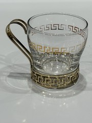 MCM Libbey Cups Greek Key Glass Punch Cocktail Coffee Gold Metal Handle Set Of 4