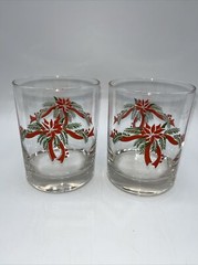 Vintage 2 Anchor Hocking Poinsettia and Ribbon Rocks Glasses Christmas Barware