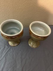 SET OF 2 HAND-TURNED POTTERY CHALICES GREEN/BROWN GLAZE 5 Inches Tall
