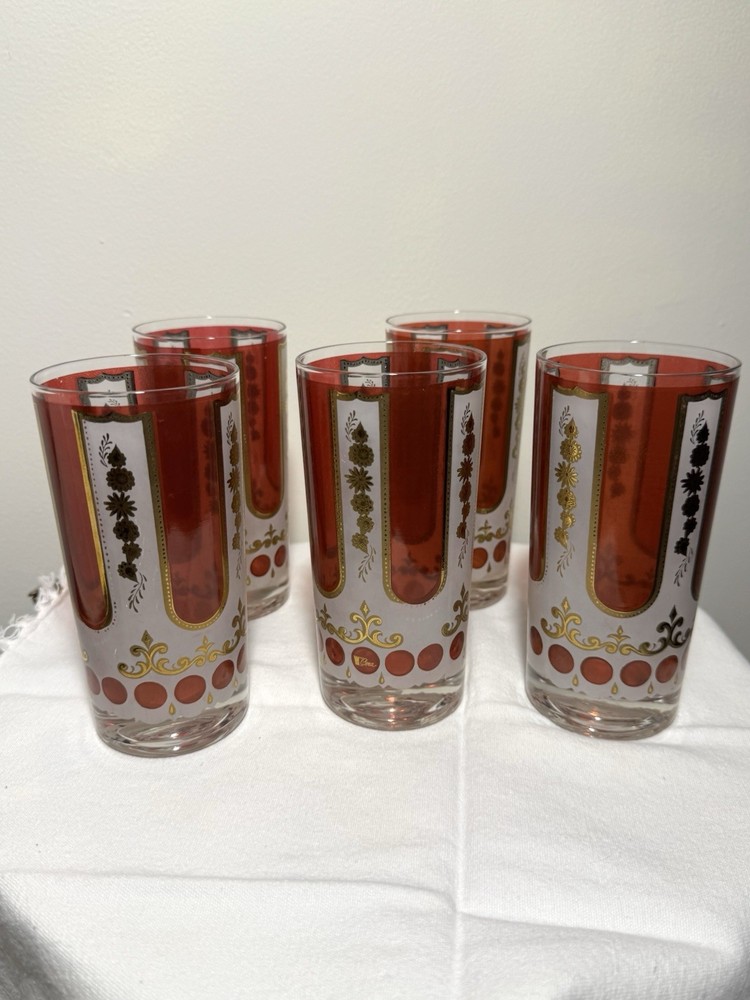 Set 5- 1960’s Cora Glass Cranberry Gold Fleur de Lis Tumblers Highball Glasses