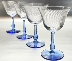 FRY GLASS ?? * WINES?? * SWIRL OPTIC CRYSTAL BOWL * BLUE STEM & BASE * 4 PCS *