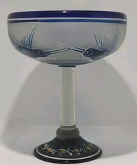 Vintage Margarita Glass Hand Blown & Painted Cobalt Blue Rim Birds 6.25″ Mexico