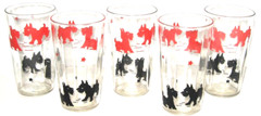 Set of 5 Vintage 40s-50s Red-Black Scottie Dogs & Stars 8oz Drinking Glasses