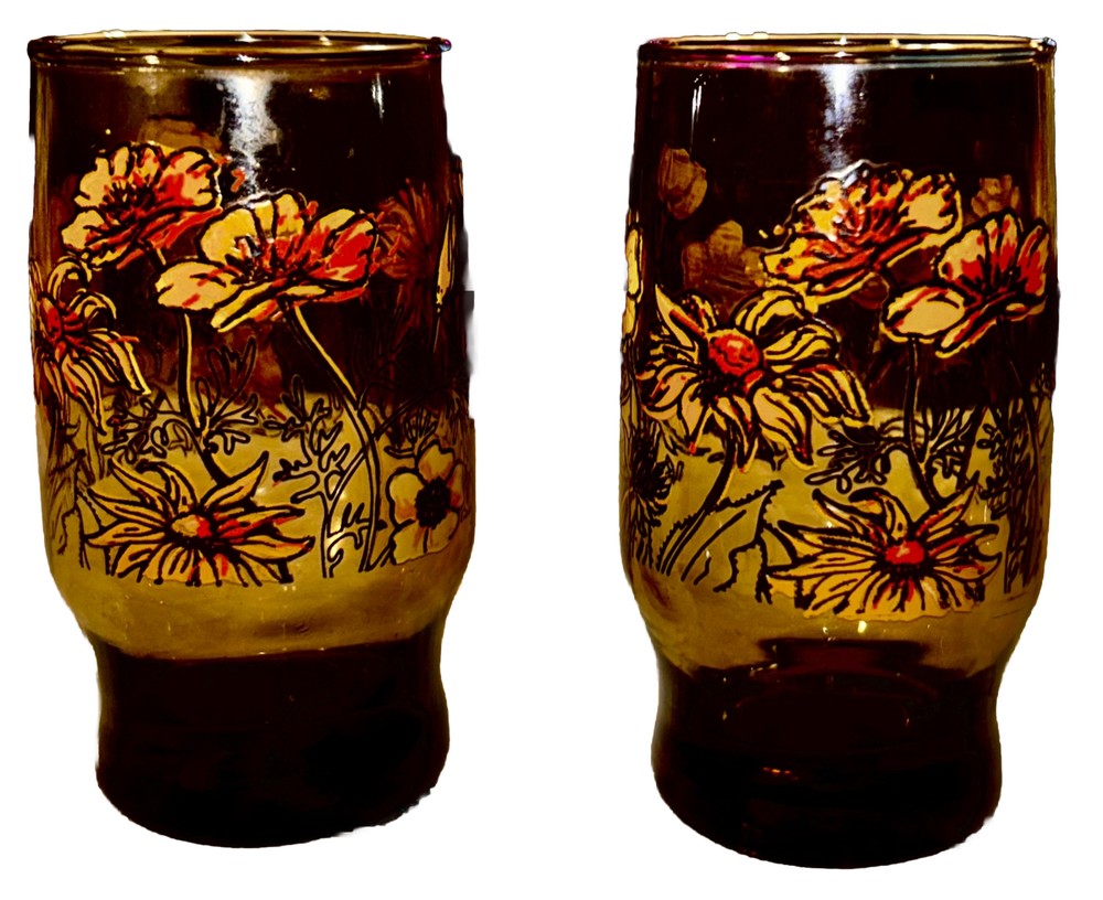 VINTAGE FLORAL Brown Yellow and Orange Juice Glass Set of 2