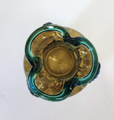Antique Moser Portieux George Sand Blown Glass Vase Amber Teal Applied Serpent 5