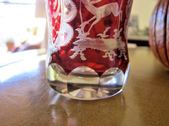 Bohemian Ruby Glass Beaker~Deer & Stag~ Concave Base, Thick Crystal, c.1880