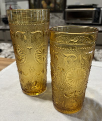 Vintage Amber Indiana Glass Tiara Starburst Drinking Glasses 14 0z and 10 oz