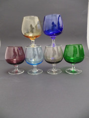 Six Moser Styled Brandy Stems Cobalt Blue, Green, Yellow, Amethyst, Smoke, Blue