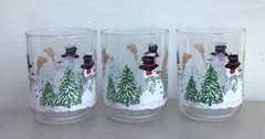 5 Libbey SNOWMAN WITH PINE TREES Winter or Christmas Lowball Old Fashioned Glass