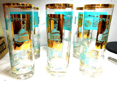 6 Vintage Libbey Southern Comfort Riverboat Highball Glass Tumblers/ Aqua+ Gold