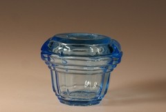 Vintage Deco Light Blue Czech Glass Lady Intaglio Lid Powder Jar c.1930
