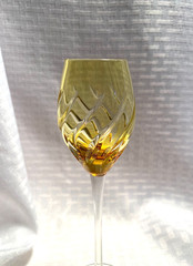 AJKA/DESIGN GUILD CORDIAL GLASS YELLOW CUT TO CLEAR CRYSTAL BOHEMIAN HUNGARY