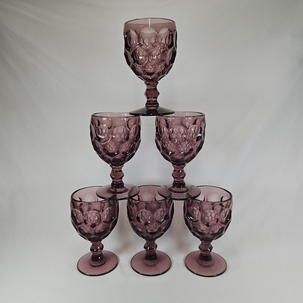 Vintage Imperial Glass Ohio Provincial Amethyst Thumbprint Goblets Set 6 Purple