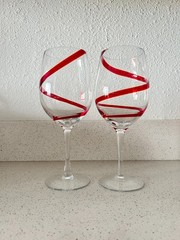 Pier 1 Hand Blown Crystal Water/Wine Goblets Red Ribbon Swirl Set of 2