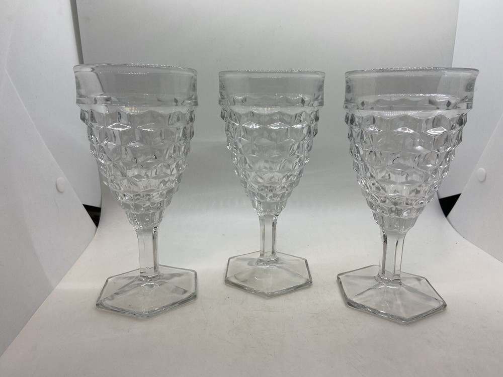 3 Fostoria American Cube Hex Footed Water Wine Goblets 8oz Stemmed Glasses 6 7/8