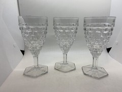 3 Fostoria American Cube Hex Footed Water Wine Goblets 8oz Stemmed Glasses 6 7/8