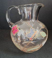 Vintage Glass Pitcher With Hand Painted And Gold Gilded Butterflies 64 Oz’s