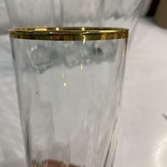 4 Clear Glass Tumbler Gold Rim Ribbed Swirl Weighted Bottom 6.5”. A49
