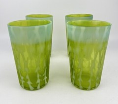 Antique Green Vaseline Glass Tumblers Set 4 Opaline Opalescent Brocade Fern Rare