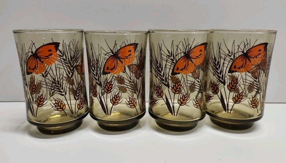Mid Century Modern Monarch Butterfly & Wheat 6oz Juice Glass Set Of 4 1970’s