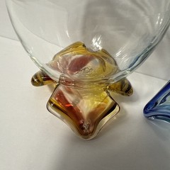 Set Of 2 Wine Glasses Beautiful Footed Hand Blown Art Glass Blue And Amber Rare