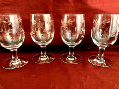 Glastonbury Lotus Water Goblets with Etched Flowers and Leaves Set of 4