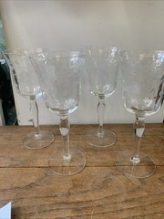 Vintage Elegant Glass Etched Tall Wine Glasses Set Of Four