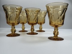 Vintage Fostoria Jamestown Amber 10 Oz Water Goblets Swirl Stem Set of 5
