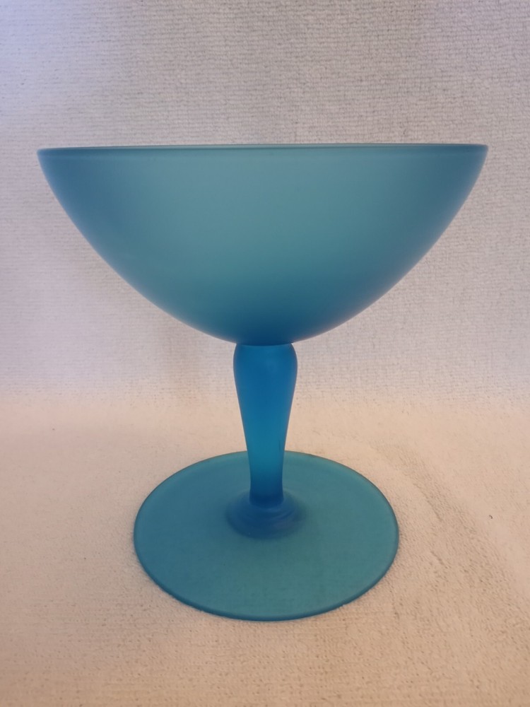 Tiffin Satin Frosted Blue Handblown Glass Footed Compote 7″ Tall