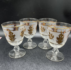 FOUR Libbey GOLDEN FOLIAGE 5.5″ Stemmed Goblet Mad Men MCM VTG Oak Gold Leaf