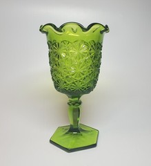 Vintage LE Smith Daisy And Button Olive Green Goblet Compote Ruffled #4651 Rare