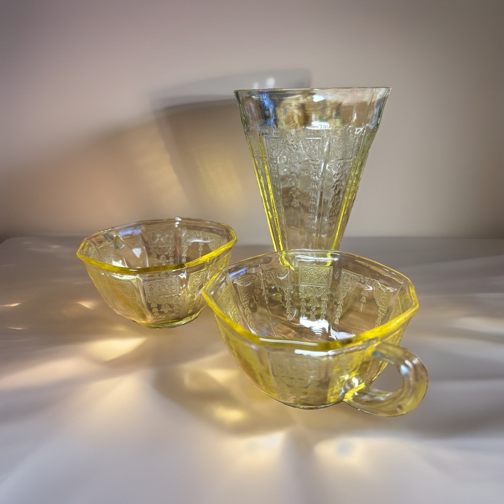 3 Piece Anchor Hocking Topaz Princess Yellow Depression Glass 1930s Cups Sundae