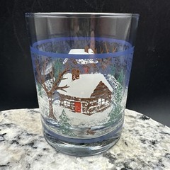 VTG Culver Old Fashioned Log Cabin Winter Scene Barware Rock Glasses Lodge Set-6