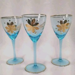 Vintage Romanian Aqua Pedestal Glasses 24k Gold Floral Hand Blown 6.5″ Lot of 3