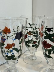 Vintage Oneida Crimson Bloom Hand Painted Hand Blown Floral Ice Tea Glass Set 4