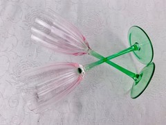 2 Vintage Glass Pink Green Flower Shape Wine Glasses5” Tall x 3 1/8” Beautiful!