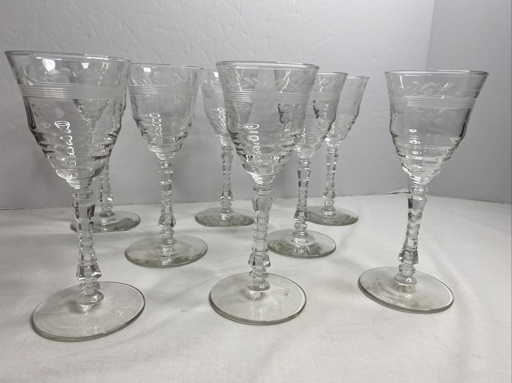 Vintage 8 pc Etched Block Cut Stemware Port Sherry Glasses 6-11/16” Tall
