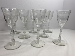 Vintage 8 pc Etched Block Cut Stemware Port Sherry Glasses 6-11/16” Tall
