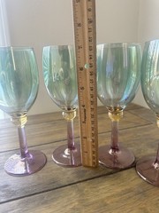 VTG Euroglass Italy 4 Hand Blown Wine Glasses Pink Stem Teal Bowl Iridescent