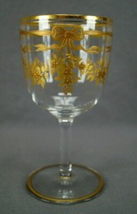 Bohemian Josephinenhutte Raised Gold Bow Beaded Floral Swag Glass Water Goblet A