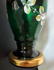 Vtg Bohemian Emerald Green 24k Gold Pained Flowers Water Pitcher & Glass Set