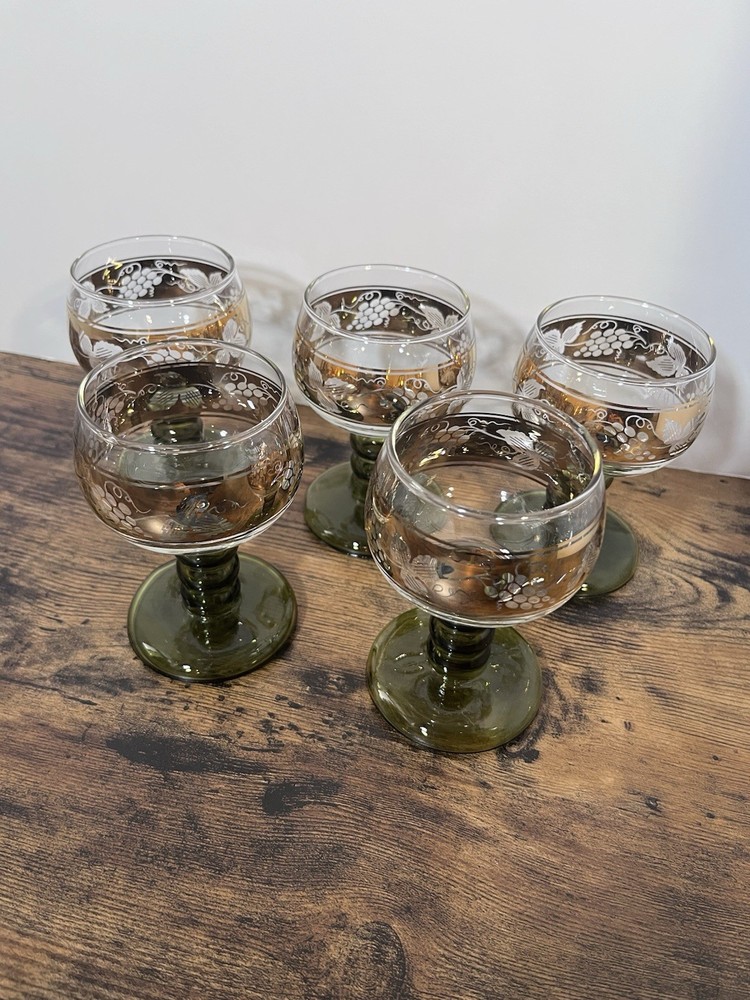 German Roemer Olive Green Gold Grapes Wine Goblet Glass Set of 5