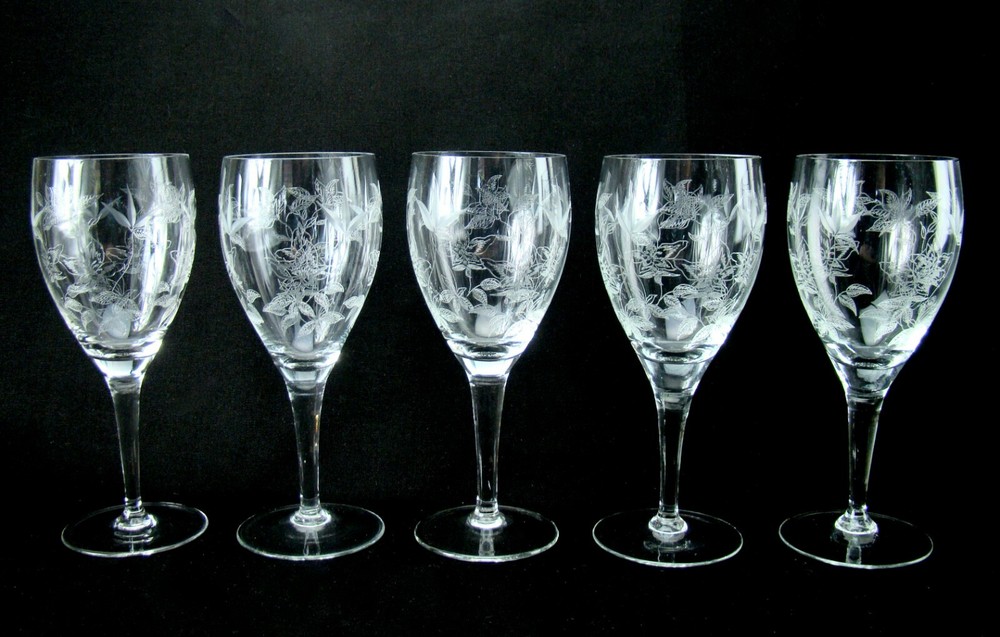 5 Elegant Ornate Floral Etched Cut Crystal Mystery Pattern Water Wine Glasses
