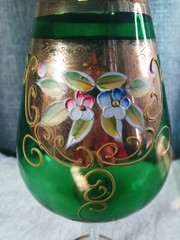 Vintage Large Emerald Green Hand Painted Czech Bohemian Goblet Gold Rim Ornate