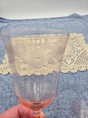Vintage Tiffin Franciscan May Pink Glass Goblets 7″ Etched Floral Panel Set of 2