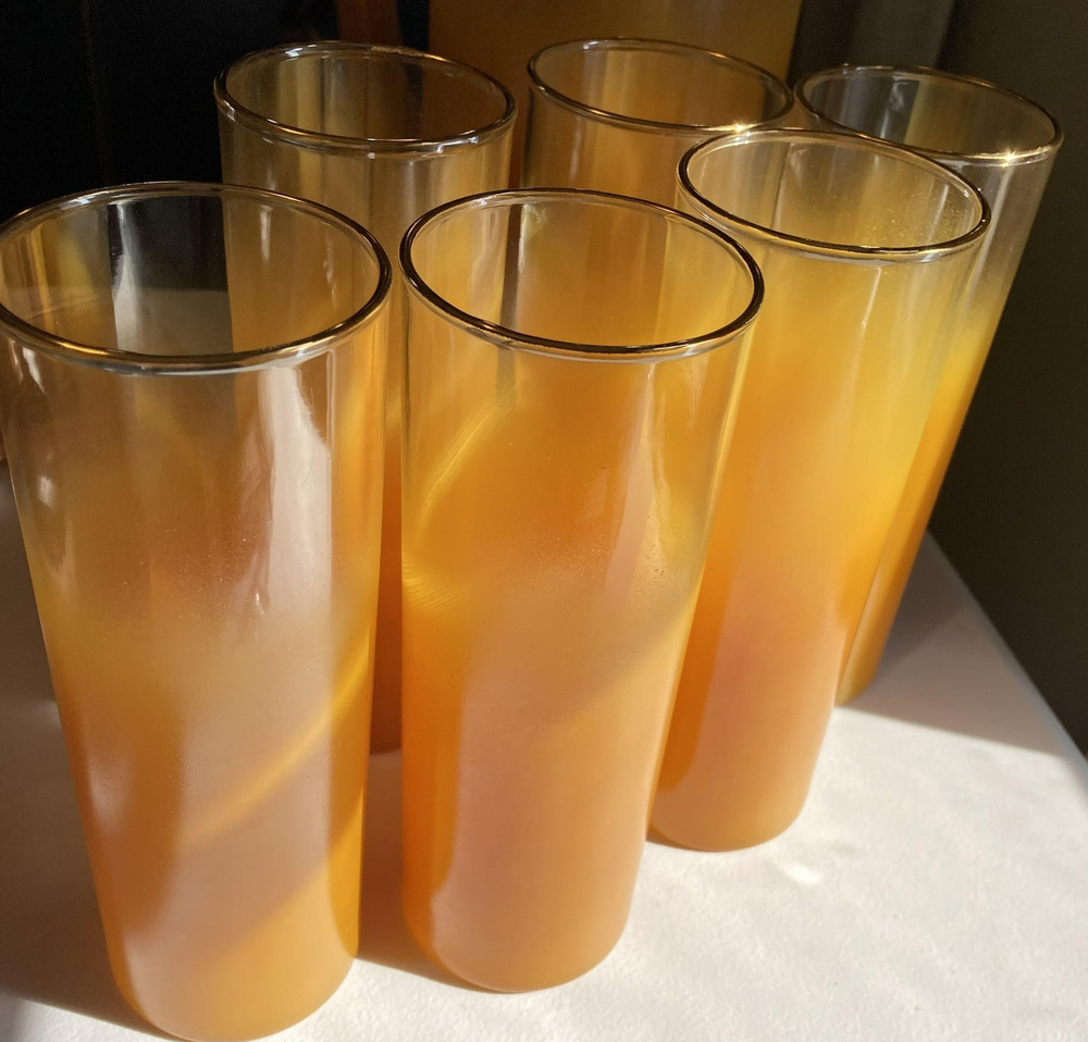 Vintage MCM Ombre Highball Glasses w/Pitcher 7 Pc Set Orange Amber Gold Rim