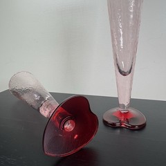 Pink Champagne Flutes Red Heart Bases Romantic Art Glass Set