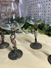Rhinestone Jeweled Wine Glasses Set 5 Goblet Bronze Enamel Stem Bird & Leopard