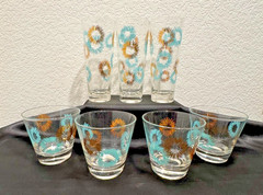 MCM Atomic Highball Tall and Short Glasses 7 PC Set Turquoise Gold Starburst