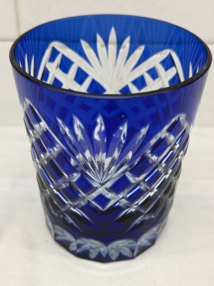 Vintage Cobalt Blue Cut Crystal Rocks Glass – Heavy Overlay Crystal Tumbler